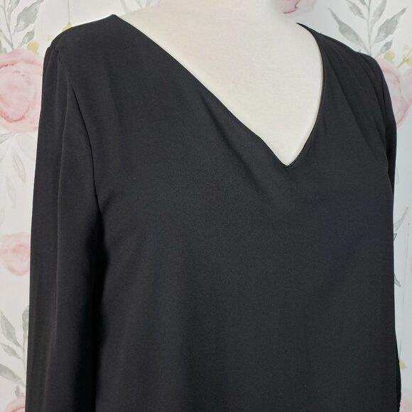 Groovy Black Chiffon Casual Fringe Dress womens S small  V Neck Knee Length - Picture 3 of 8